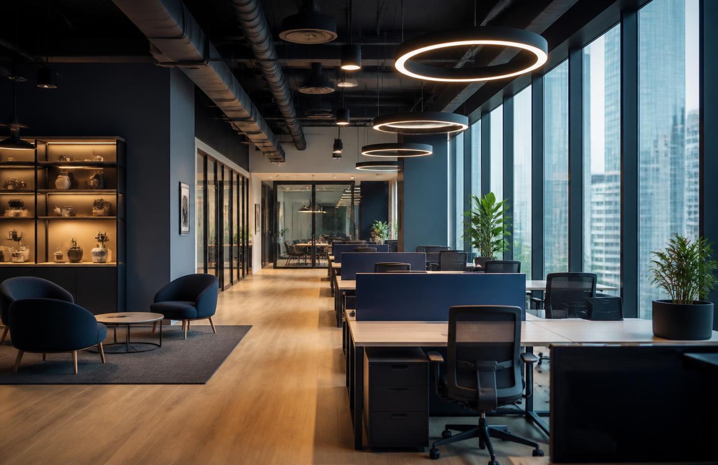 Modern office workspace with desks and large windows